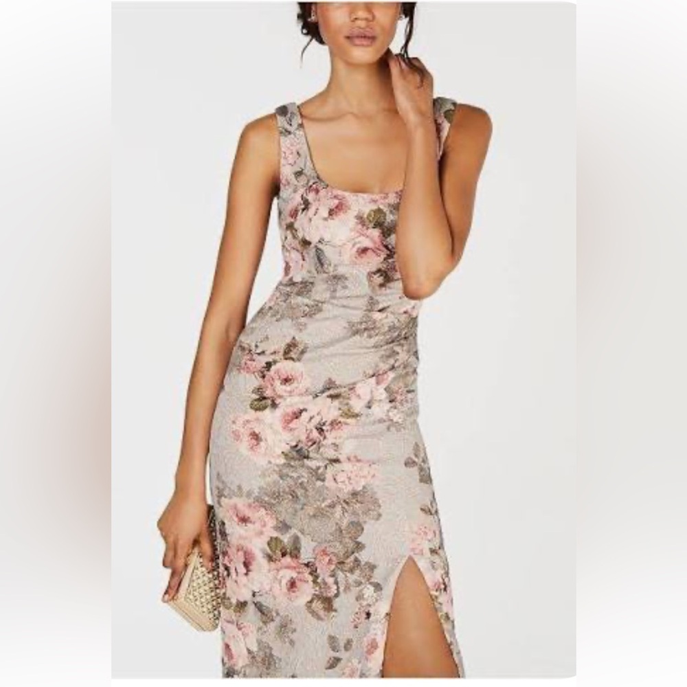 Adrianna Papell Womens Metallic Floral-Print Column Gown